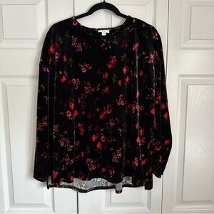 J Jill Shirt Womens L Black Velvet Dark Floral Long Sleeve Stretch Pullover Boho